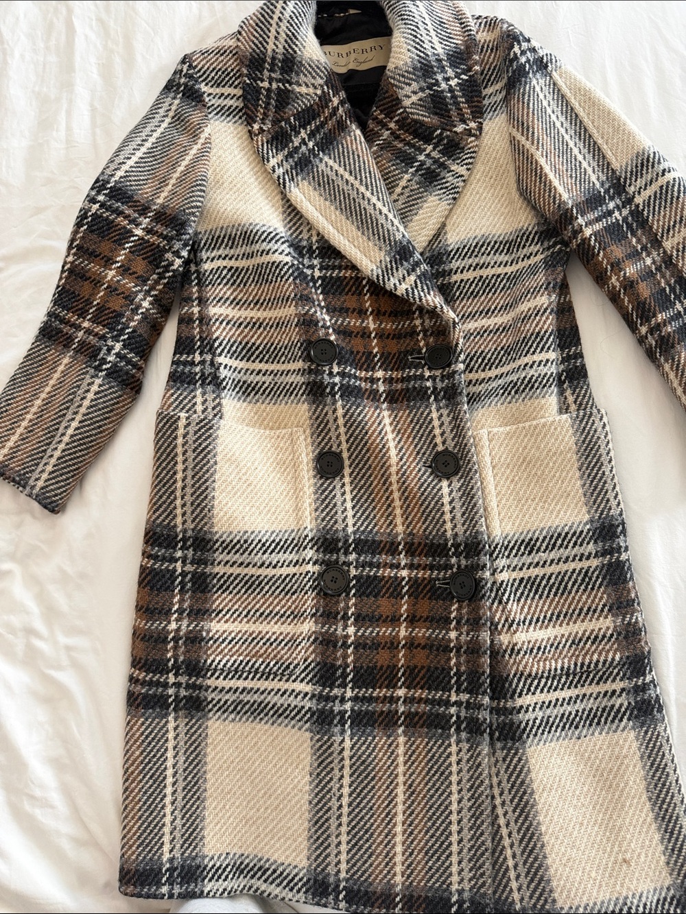Burberry Cream, Brown and Black Plaid Double-Breasted Pea Coat - Picture 4 of 8
